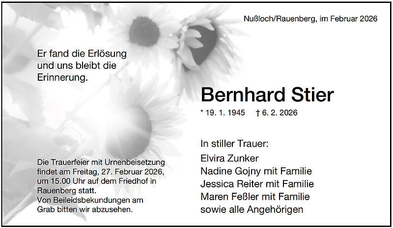 Traueranzeige Bernhard Stier