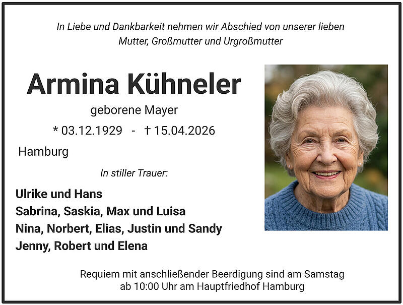 Traueranzeige Armina K&uuml;hneler