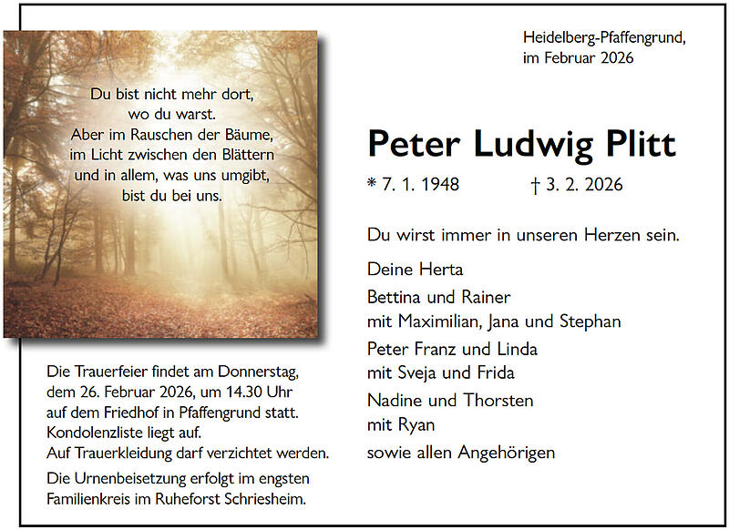 Traueranzeige Peter Ludwig Plitt