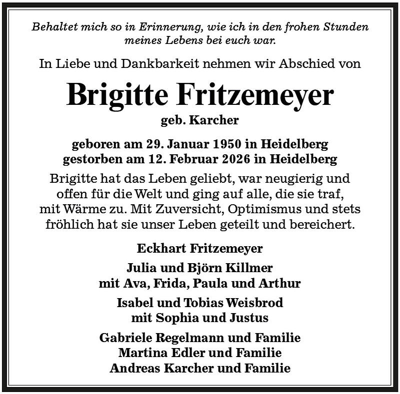 Traueranzeige Brigitte Fritzemeyer geb. Karcher