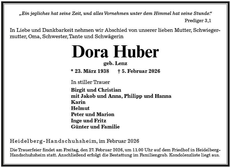 Traueranzeige Dora Huber geb. Lenz