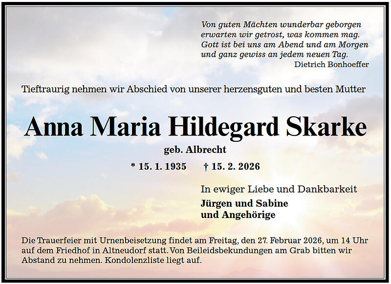 Traueranzeige Anna Maria Hildegard Skarke geb. Albrecht