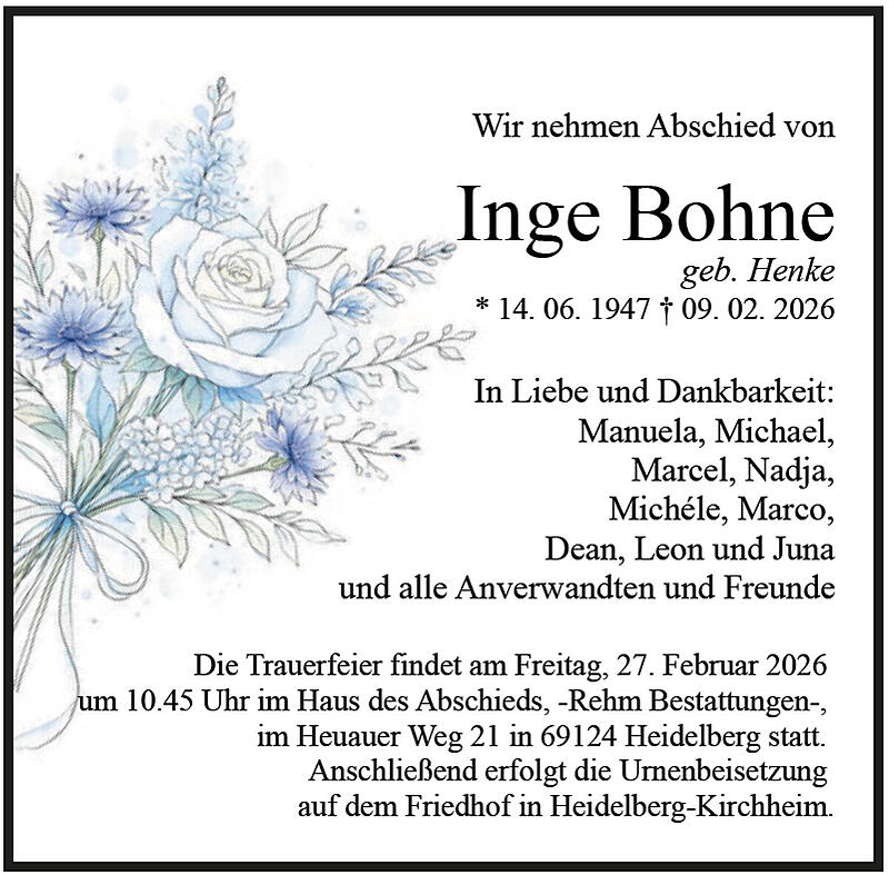 Traueranzeige Inge Bohne geb. Henke