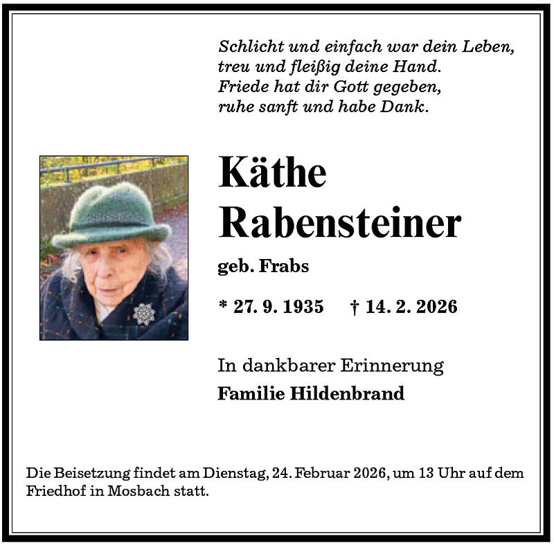 Traueranzeige K&auml;the Rabensteiner geb. Frabs
