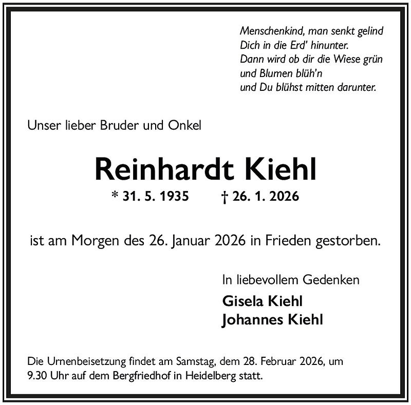 Traueranzeige Reinhardt Kiehl