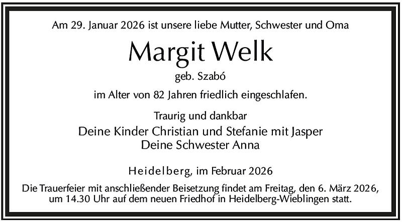 Traueranzeige Margit Welk geb. Szab&oacute;