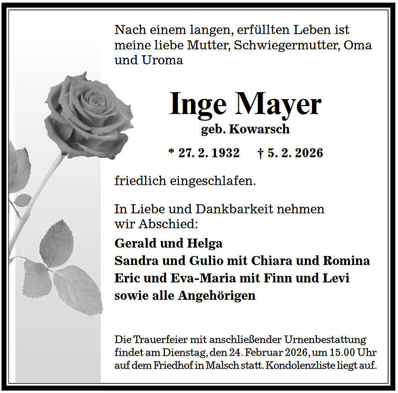 Traueranzeige Inge Mayer geb. Kowarsch