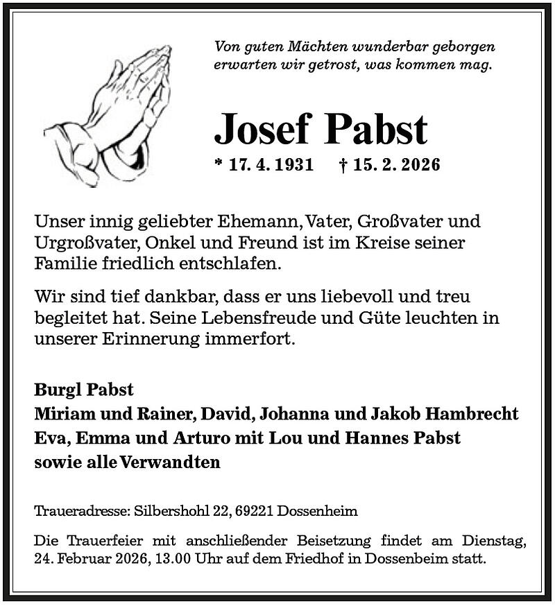 Traueranzeige Josef Pabst