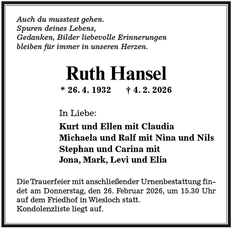 Traueranzeige Ruth Hansel