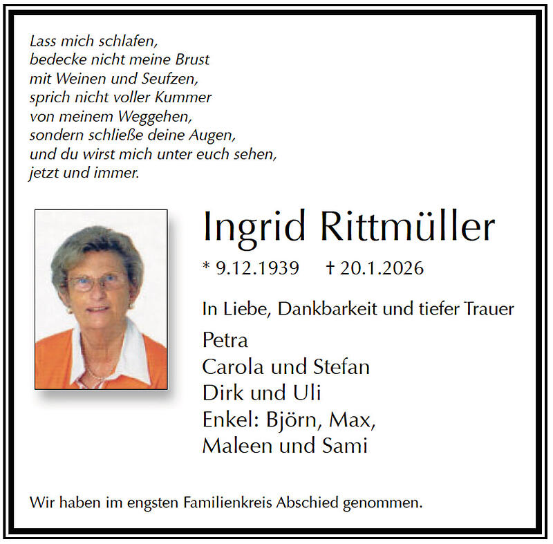Traueranzeige Ingrid Rittm&uuml;ller