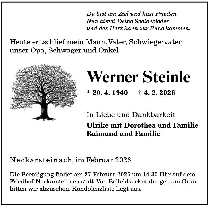 Traueranzeige Werner Steinle