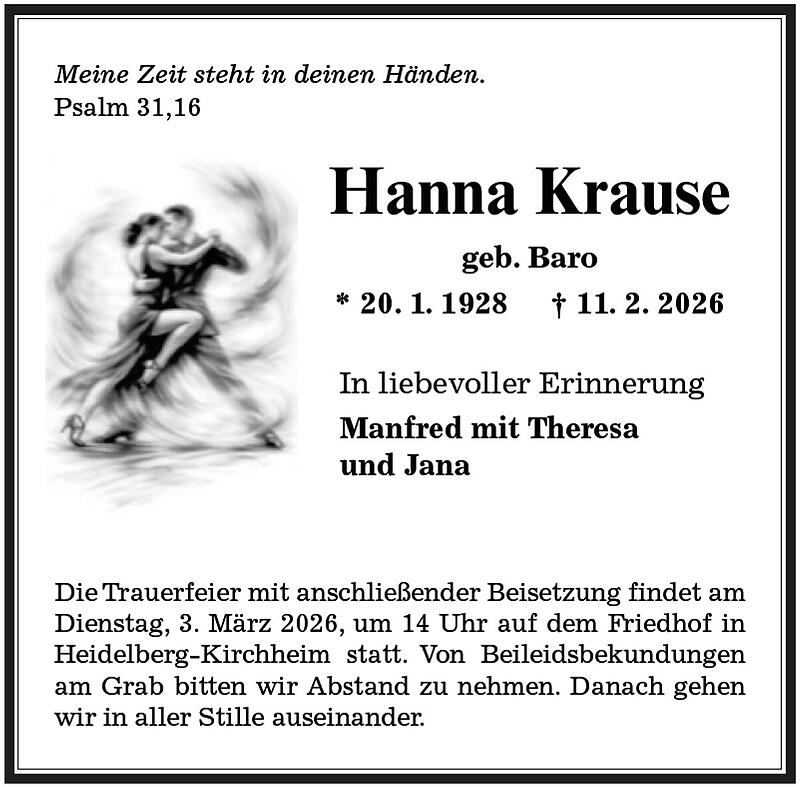 Traueranzeige Hanna Krause geb. Baro
